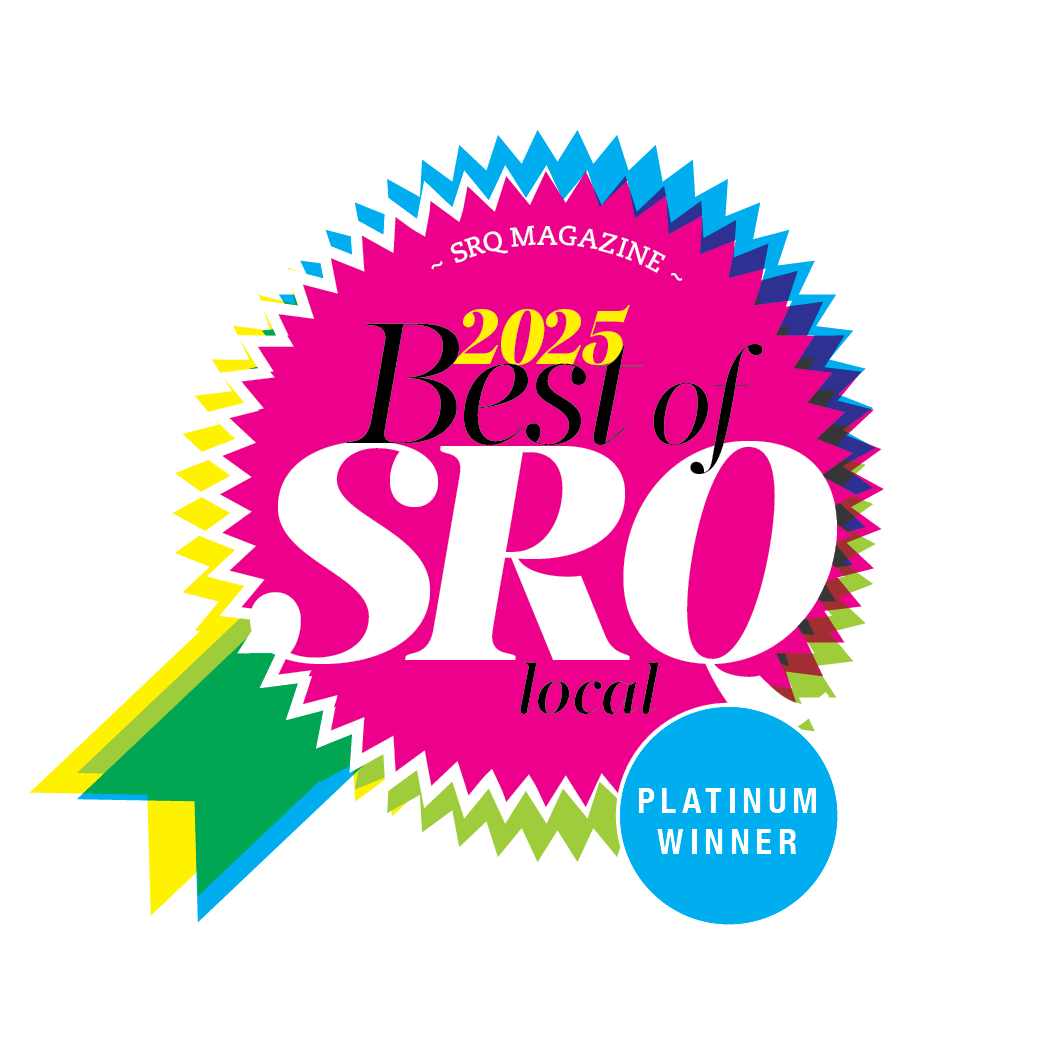 Colorful badge reading '2023 Best of SRQ Local Platinum Winner'.