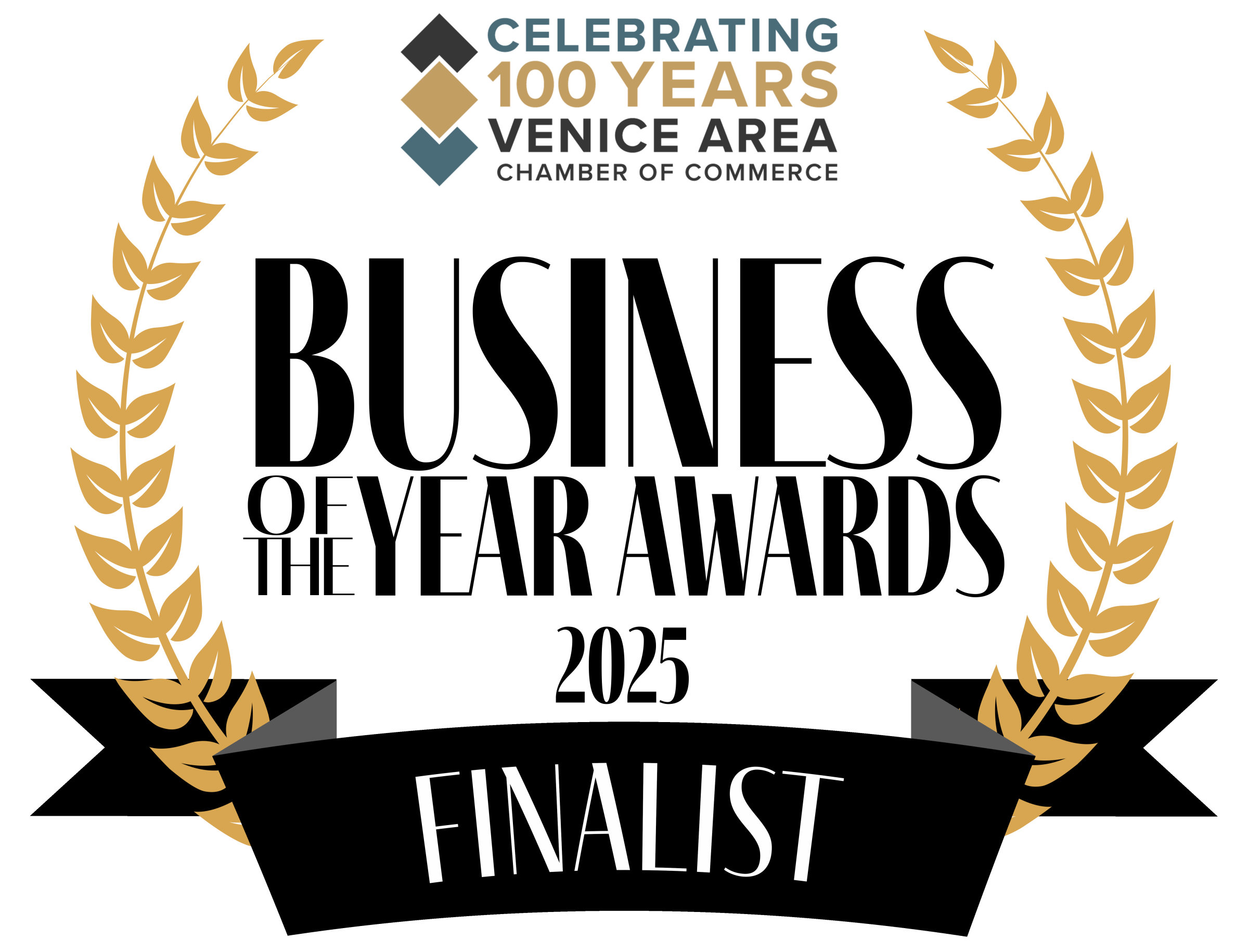 2025 Business of the Year Awards finalist with laurel wreath design.