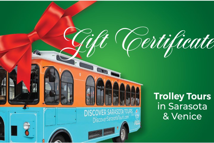 Gift certificate with a red bow featuring a trolley for tours in Sarasota and Venice.
