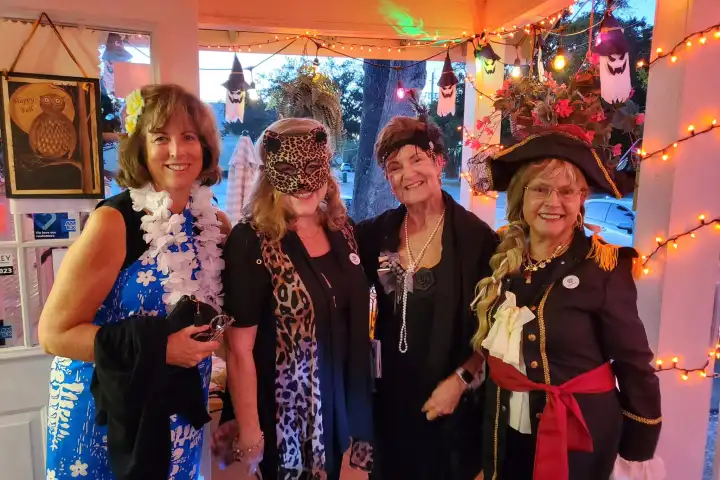 women in Halloween costumes for trolley tour