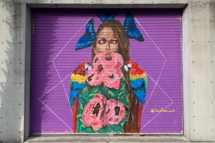 Mural of woman with blue butterflies, pink flowers, and parrots on a purple background.