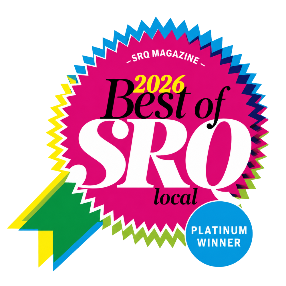 Colorful badge reading '2026 Best of SRQ local, Platinum Winner' with ribbons.