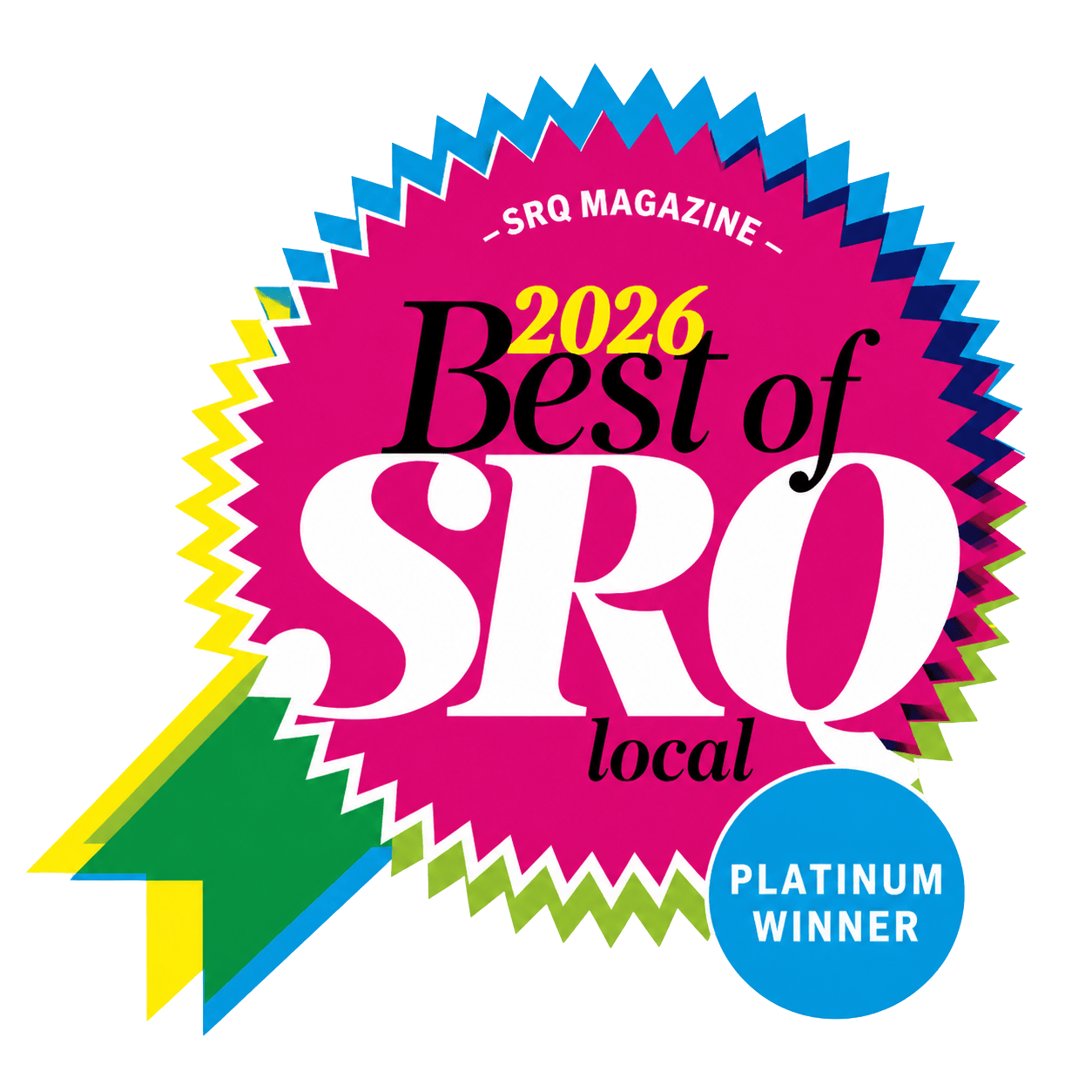 Colorful badge reading '2026 Best of SRQ local, Platinum Winner' with ribbons.