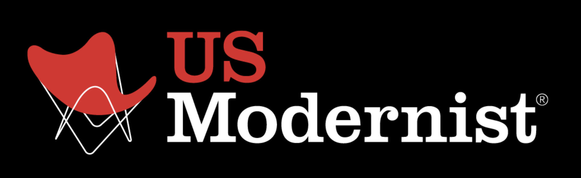 Logo with a red chair design and text 'US Modernist' on a black background.