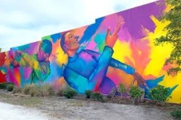 Colorful mural of abstract figures and vibrant background on a large wall with plants in front.