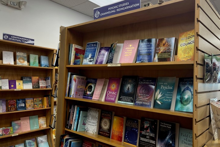 Bookshelves with books on psychic studies, channeling, and spiritual teachings in a bookstore.