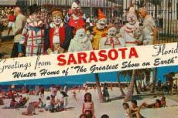 Vintage postcard with clowns and beach scenes, captioned 'Greetings from Sarasota Florida'.