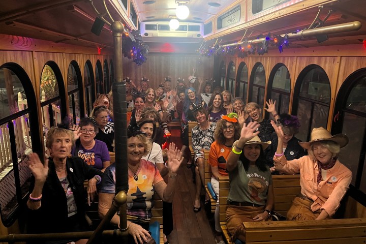 Group of people in festive attire sitting inside a decorated bus, smiling and waving.