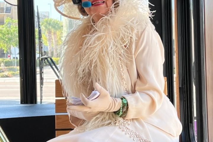Person in elegant attire with wide-brimmed hat and feathers, holding papers on a bus.