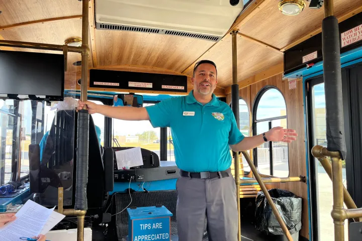 Ronnie Fernandez of Venice Florida Tours leading our Venice City Sightseeing trolley tour.
