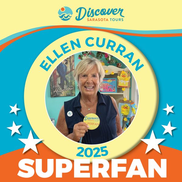 Superfan logo for Eleen Curran, 2025 superfan. Picture of a woman with short blonde hair in a vest in a yellow circle holding a super fan button. Background is blue, yellow and orange and says 