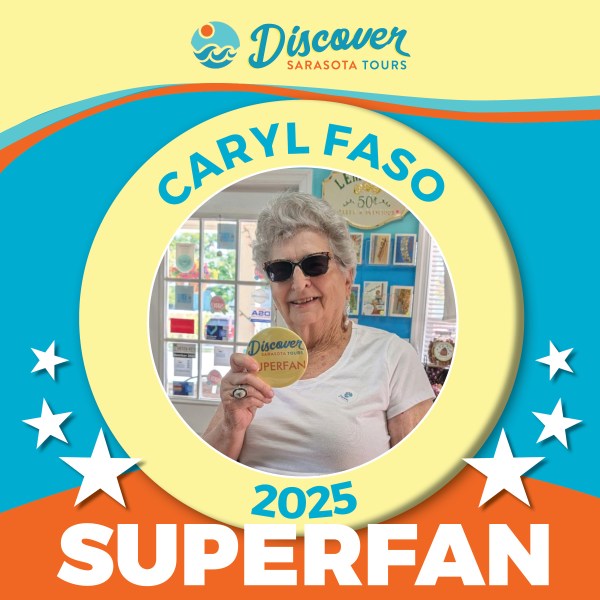 Superfan logo for Caryl Faso, 2025 superfan. Picture of a woman with short blonde hair in a vest in a yellow circle holding a super fan button. Background is blue, yellow and orange and says 
