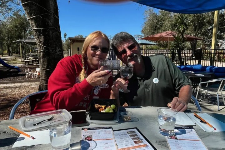 Two people toast with wine glasses at an outdoor table on a sunny day.
