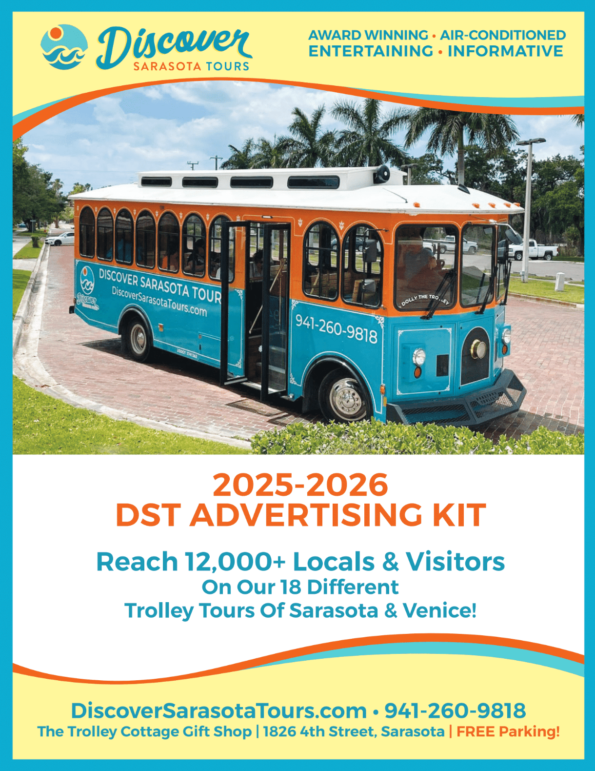 Promotional image for Discover Sarasota Tours with a colorful trolley, contact info, and advertising kit details.