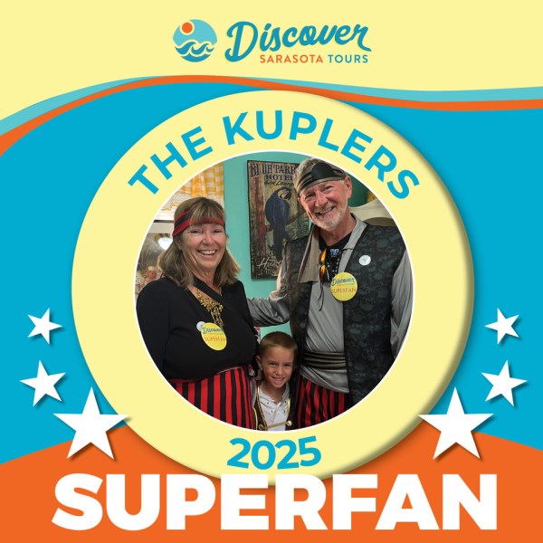 Three people in pirate costumes smiling with 'Discover Sarasota Tours 2025 Superfan' text.
