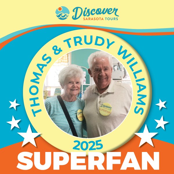 Elderly couple smiling within a circular frame labeled 'Thomas & Trudy Williams 2025 Superfan'.