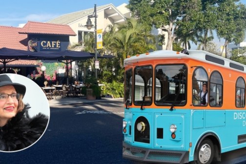 Orange and blue tour trolley in front of Café; inset of woman wearing black hat and fur.