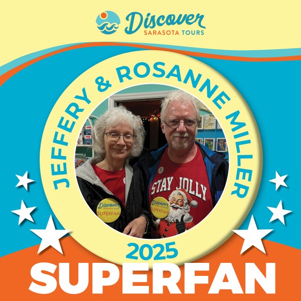 Two people smiling in 'Discover Sarasota Tours' 2025 Superfan poster with stars and colorful design.