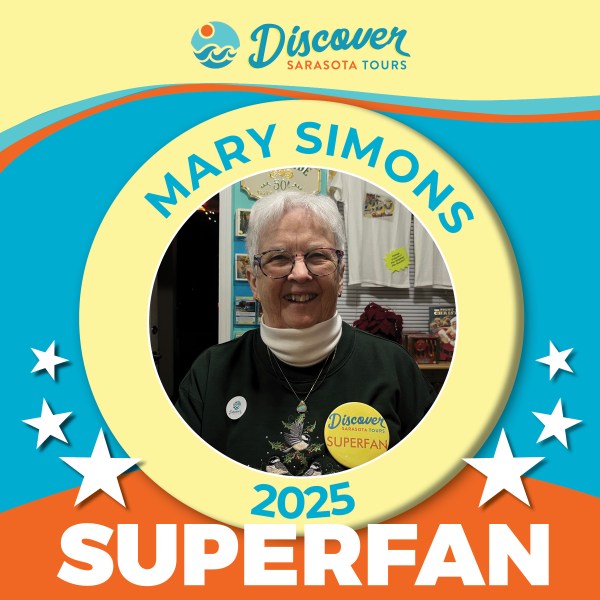 Person smiling in Discover Sarasota Tours 2025 Superfan frame with stars.