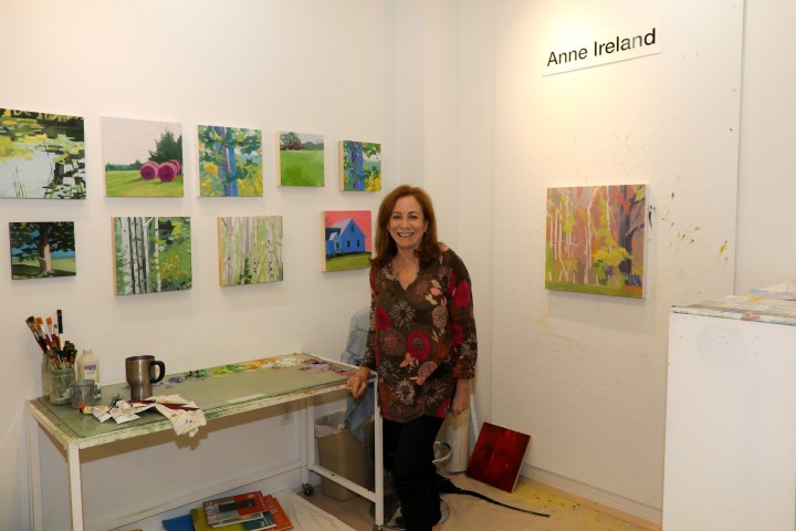 Smiling woman in art studio with colorful landscape paintings displayed on walls.