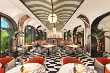 Elegant restaurant with checkered floor, arched windows, and round lights.