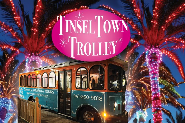 Decorated trolley at night with palm trees and lights, sign reads 'TinselTown Trolley'.