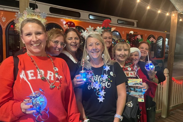 Group of people in festive attire with holiday lights and decorations.