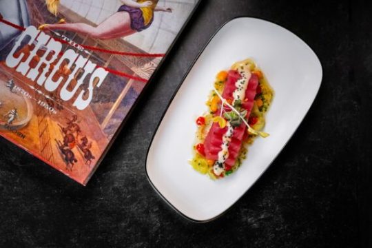 Gourmet dish on a plate next to a book titled 'Circus'.