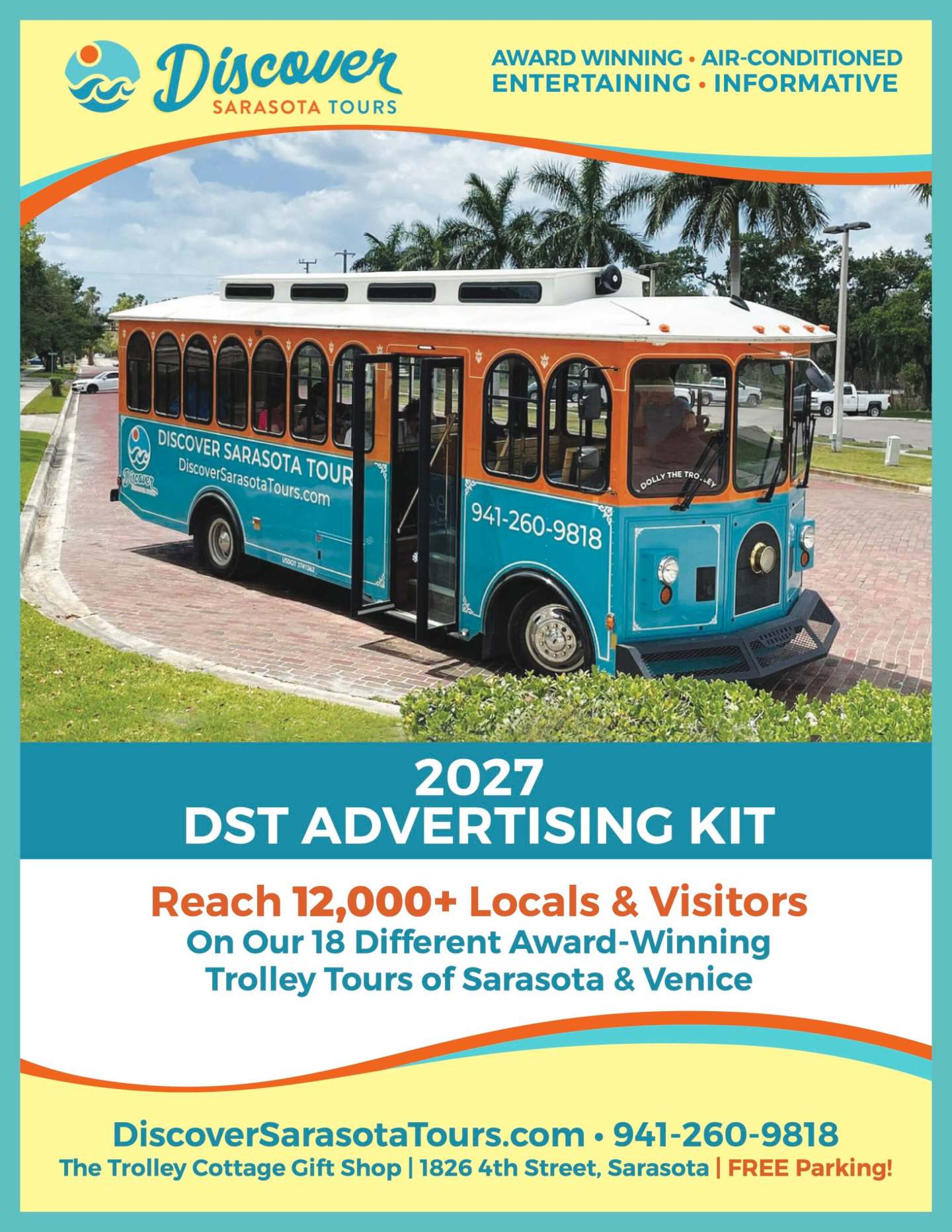 Orange and white trolley parked in a sunny area with Discover Sarasota Tours branding.