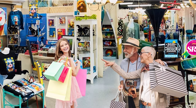 Elderly couple and girl with shopping bags in colorful store.