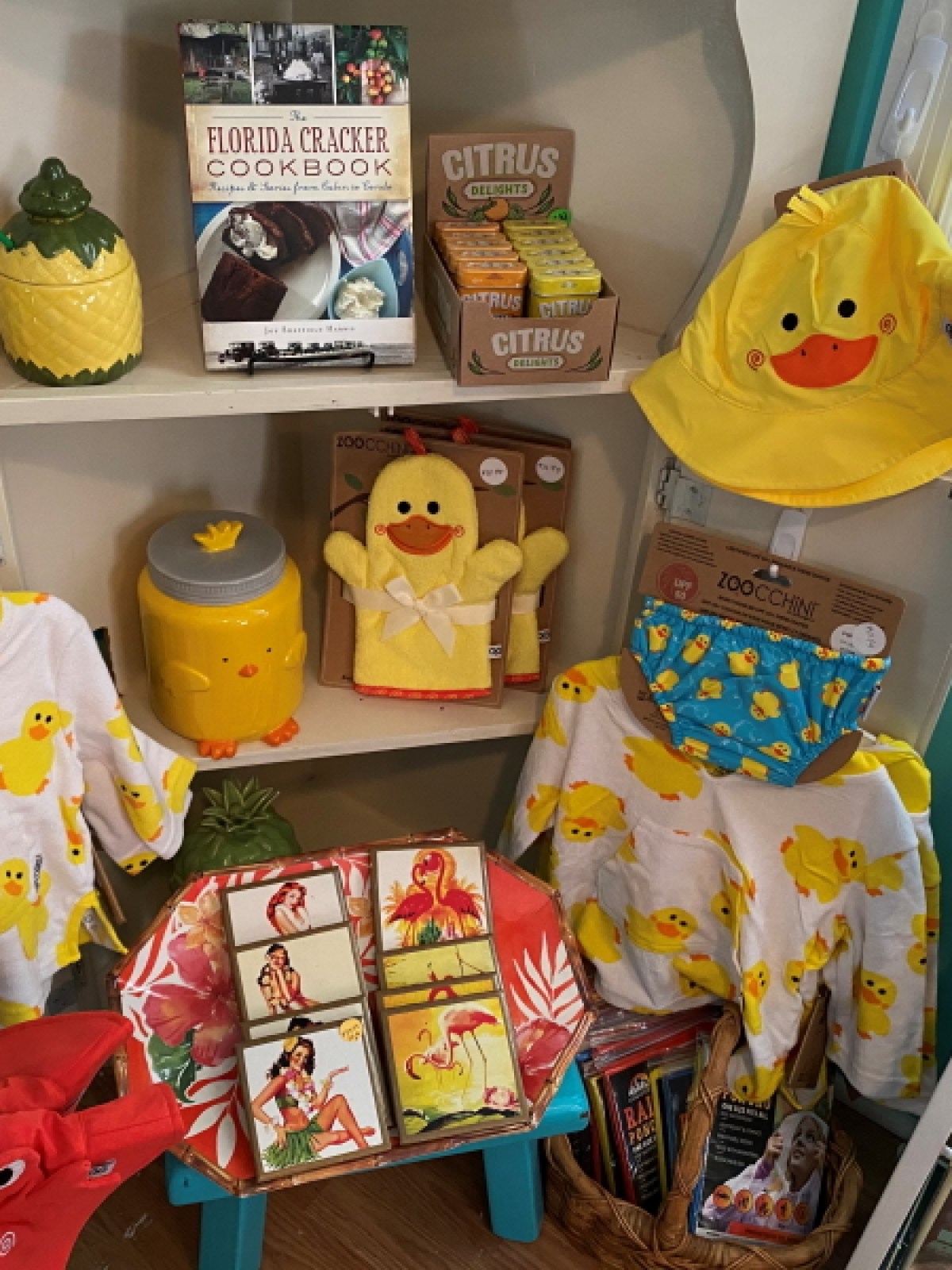 Shelf display of duck-themed clothes, books, and toys in a colorful room.