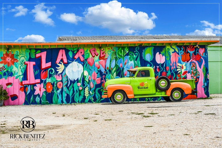 Colorful mural with flowers and a vintage truck against a vibrant wall.